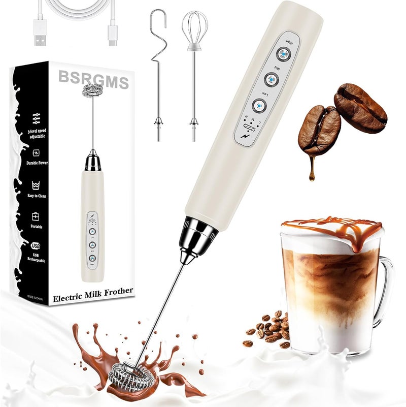 BSRGMS Milk Frother Handheld for Coffee, Electric Whisk 3 Speed Adjustable, Drink Mixer with Stainless 3 Whisks, Rechargeable Hand Frother Wand, for Latte Cappuccino Hot Chocolate Egg Beige - Image 1